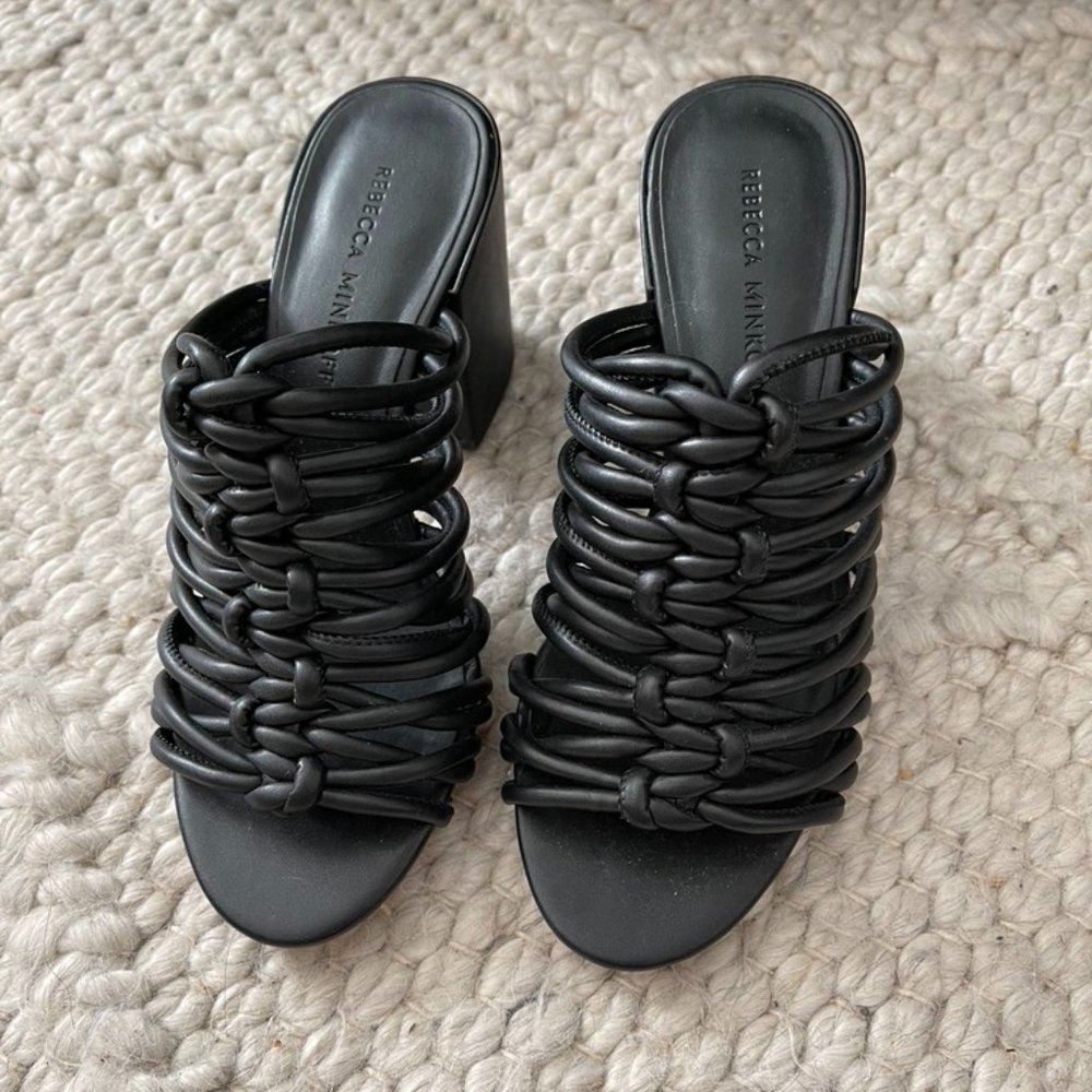 NEW! Rebecca Minkoff black leather knotted mule sandals.